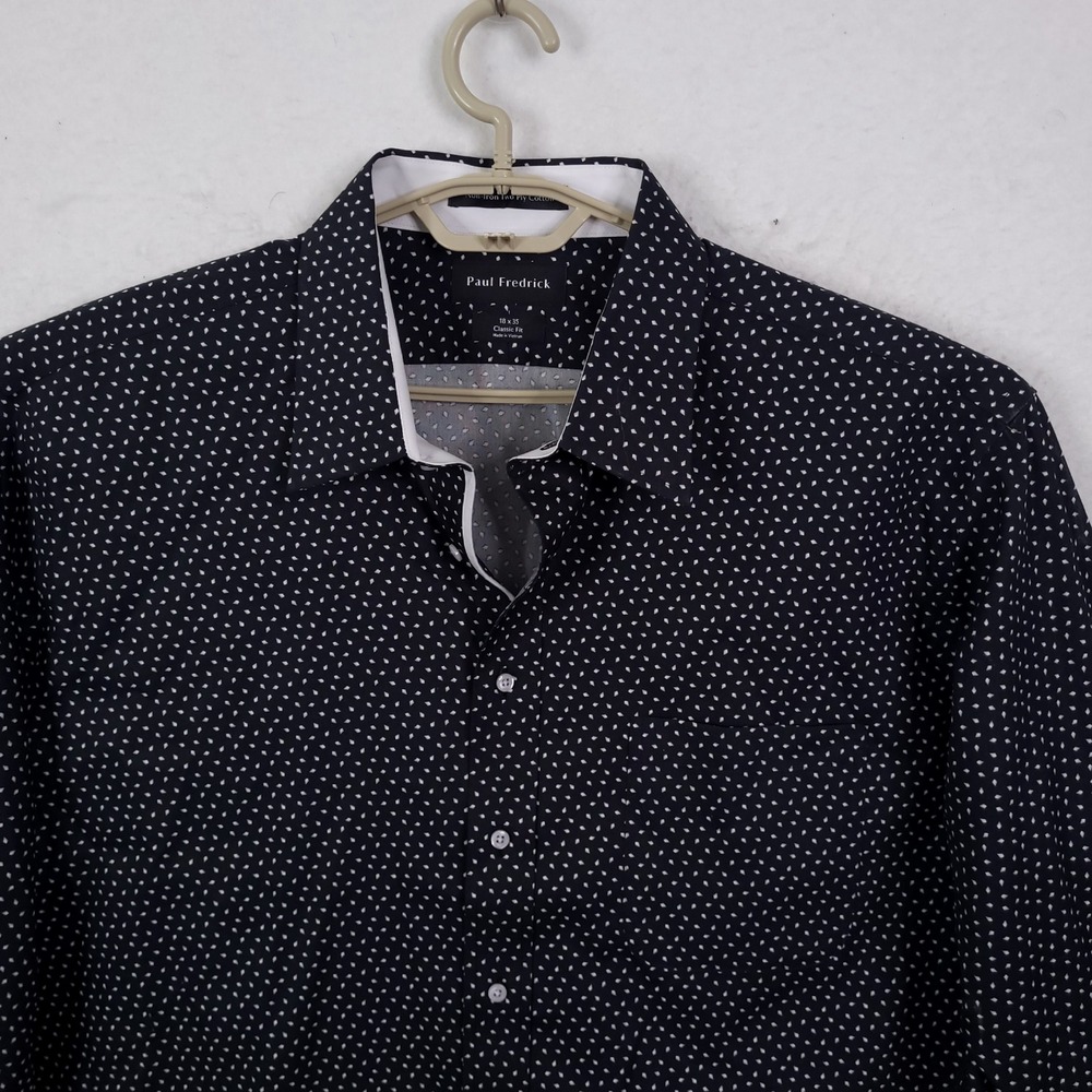 Paul Fredrick Dress Shirt Mens 18x35 Navy Blue Geometric Non-Iron Cotton Classic